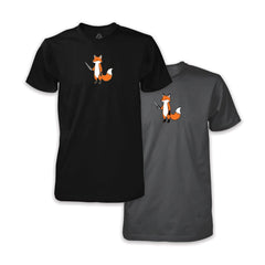 Screen printed t-shirts featuring a red fox holding a stiletto