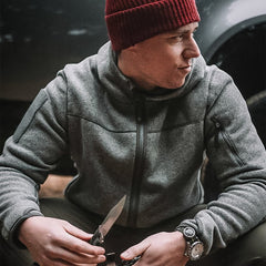 PDW Chase Polartec ThermalPro Hoodie Stone Gray Brock Stevens red merino beanie