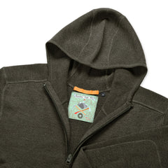 PDW Orion full zip merino wool hoodie hunter green made in Italy hood detail