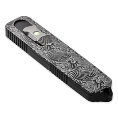 PDW UFO 2.0 OTF EDC knife black wave laser etch pattern handle detail
